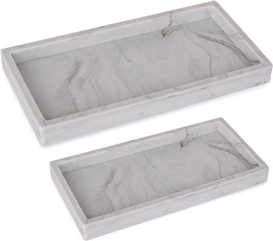 Bathroom Tray, Small Vanity Tray Silicone Soap Dish Sponge Holder Kitchen Sink Organizer Bathroom Accessories for Countertop, Toilet, Shower, 2 Pack, Marble Grey