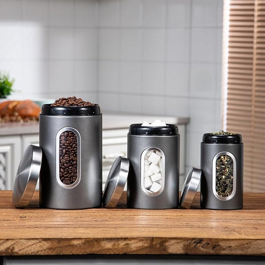 Transparent Silver Gray Canisters Sets of 3 Pieces For The Kitchen,0.9/1.6/2.9 Quarts Stainless Steel Coffee Sugar Tea Candy Storage Jars with Window for Home Kitchen Decoration and Accessories