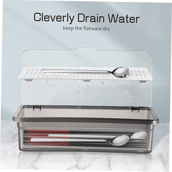 3PCS Flatware Tray with Lid and Drainer,Clear Utensil Drawer Organizer with Lid Covered,Stackable Cutlery Drawer Organizer Plastic Silverware Holder to Keeps Your Cutlery Organized and Protected