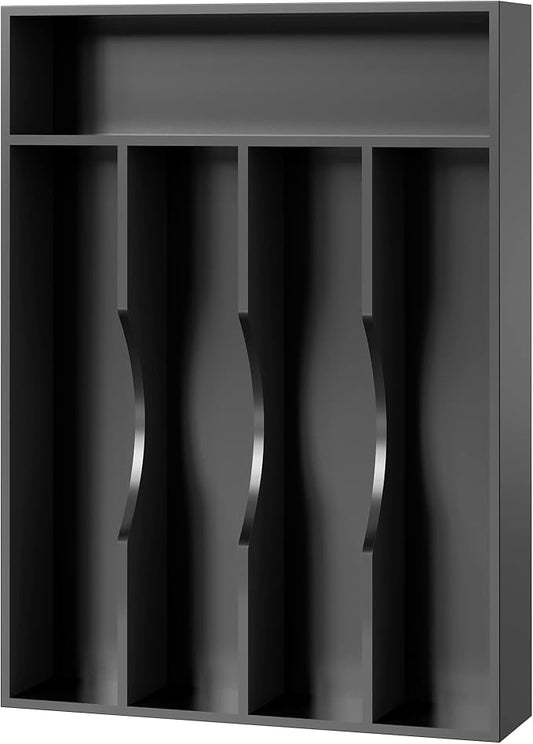 Bellsal Black Utensil Organizer - 10 Inch Silverware Tray with 5 Compartment Narrow Bamboo Drawer Organizer