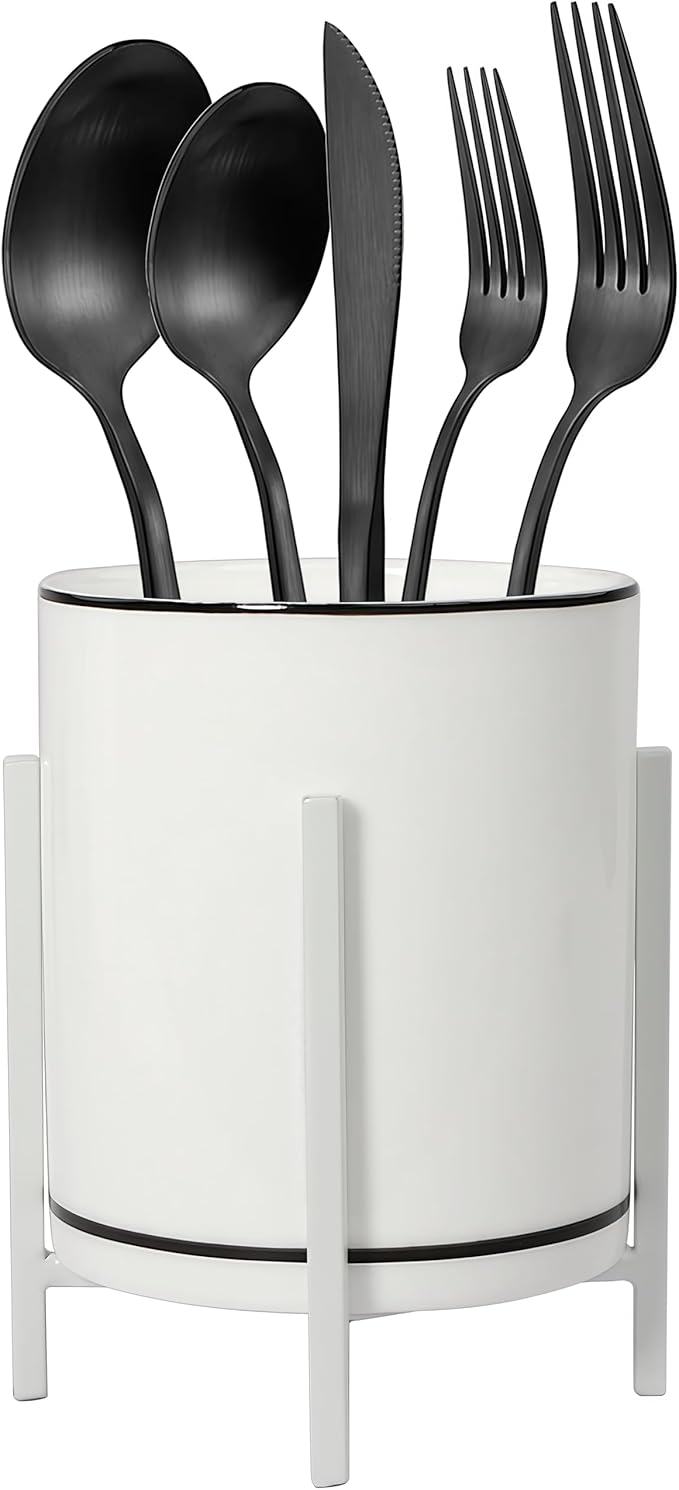 Ceramic Flatware Caddy, Silverware Caddy Cutlery Holder, Round Utensil Crock, Kitchen Utensil Holder for Countertop, Ceramic Cup wtih Black Trim and White Metal Bracket, 1 Pcs