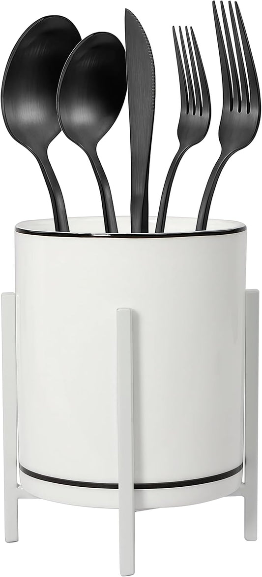 Ceramic Flatware Caddy, Silverware Caddy Cutlery Holder, Round Utensil Crock, Kitchen Utensil Holder for Countertop, Ceramic Cup wtih Black Trim and White Metal Bracket, 1 Pcs