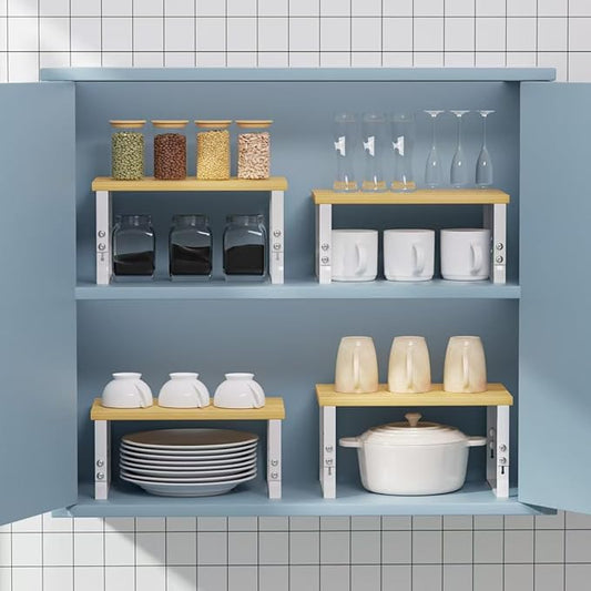 Cabinet Organizer Shelf, Spice Rack, Adjustable height, Stackable and Nesting Shelves,Metal and solid wood, For multiple scenarios in the kitchen, office or closet (White)