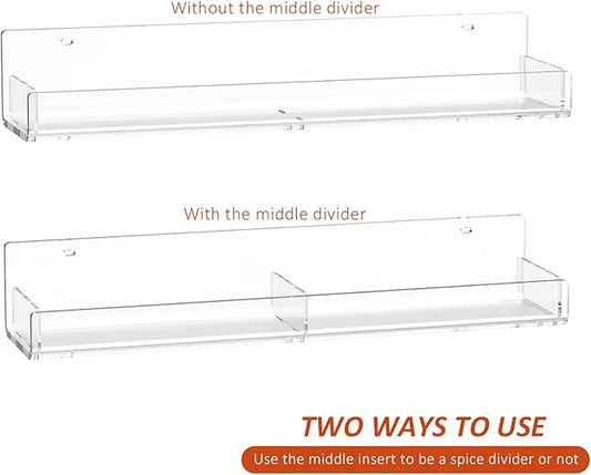 15 Inch Acrylic Spice Rack Wall Organizer Set of 3, Clear Acrylic Wall Shelf for Home Organizer, Floating Shelf for Bottle Display, Jars, Spice, Wine, Books, Toiletries