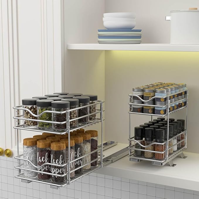 OCG 2 Tier Pull Out Spice Rack Organizer（6.3" W x 10.4" D） for Cabinet, Slide Out Seasoning Organizer Fits Spices, Sauces, Cans etc