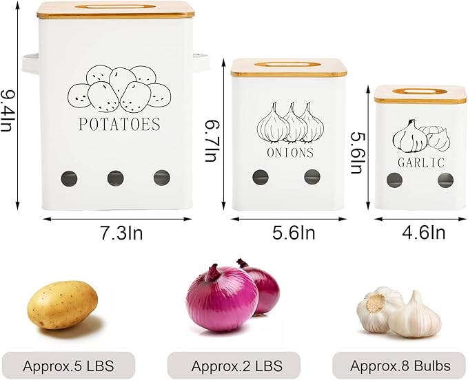 WUWEOT 3 Pack Vegetable Storage Tins, Metal Onion Garlic Potato Jars Set, Kitchen Canisters Vegetable Keeper Containers with Aerating Holes and Wooden Lid
