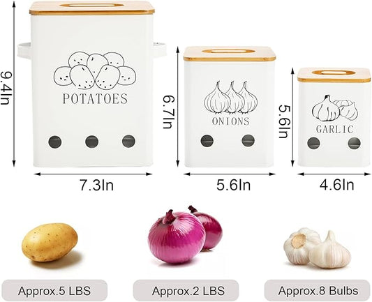 WUWEOT 3 Pack Vegetable Storage Tins, Metal Onion Garlic Potato Jars Set, Kitchen Canisters Vegetable Keeper Containers with Aerating Holes and Wooden Lid