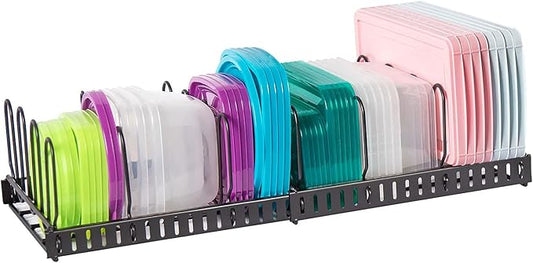 Expandable Food Container Lid Organizer,Large Capacity Adjustable 8 Dividers Detachable Lid Organizer Rack for Cabinets, Cupboards, Pantry Shelves, Drawers Keep Kitchen Tidy,Black 10.2”wide,3.6 Pound.