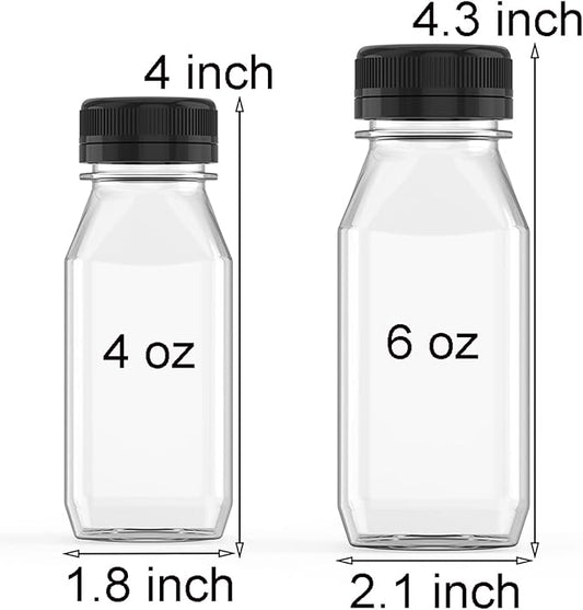 WANBAO 6 Pcs 4 oz Plastic Juice Bottle Reusable Bulk Beverage Containers for household use for Juice, Drinking Milkshake Tea, Milk, Juicing Smoothie Water and Other Beverages, Fridge Storage