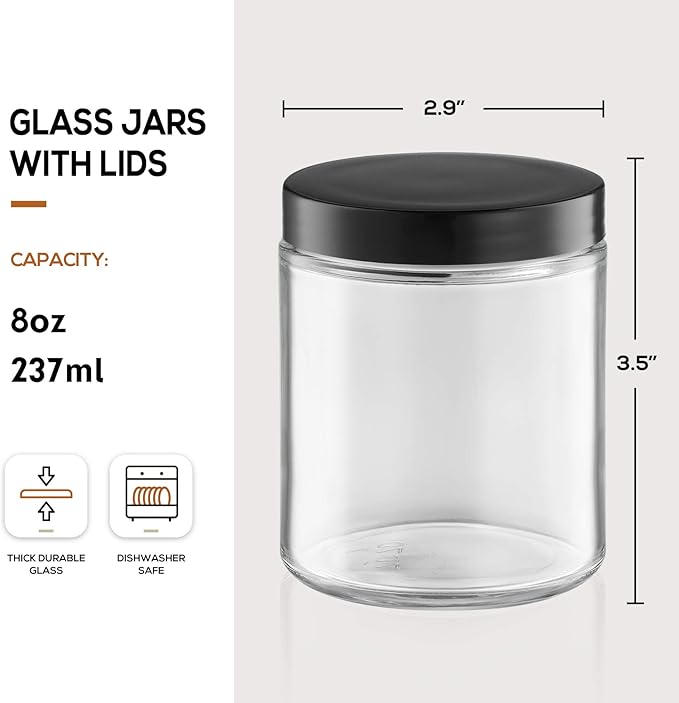 12 Pack, 8 OZ Thick Glass Jars with Lids, Clear Candle Jars with 12 Metal & 12 Plastic Lids - Empty Round Food Storage Containers, Canning Jar For Spice, Powder, Liquid, Sample - Dishwasher Safe