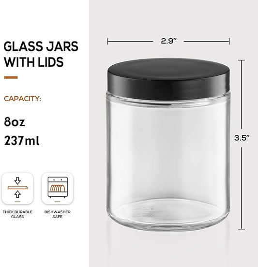 12 Pack, 8 OZ Thick Glass Jars with Lids, Clear Candle Jars with 12 Metal & 12 Plastic Lids - Empty Round Food Storage Containers, Canning Jar For Spice, Powder, Liquid, Sample - Dishwasher Safe
