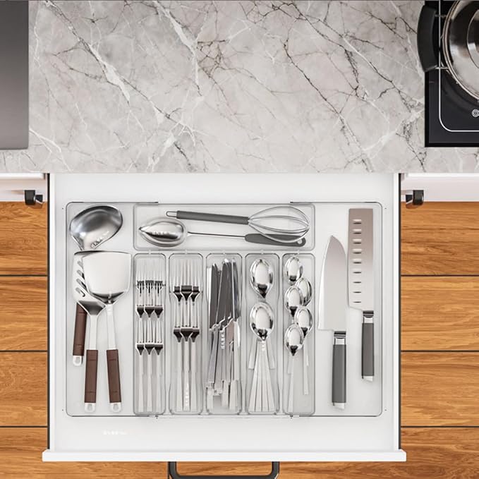 Expandable Kitchen Drawer Organizer - Clear Acrylic Adjustable Silverware Organizer - Utensil Holder and Cutlery Tray with Grooved Drawer Dividers for Flatware (Clear-8 Compartments)