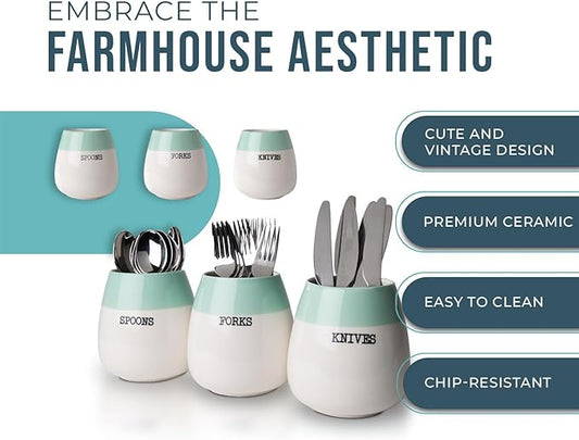 Ceramic "Honeypot" Cutlery Holder - Set of 3 - Farmhouse Silverware Caddy for Kitchen Countretop - Decorative Spoon, Fork & Knife Holder for Parties & More - Rustic Caddy Made of Premium Ceramic