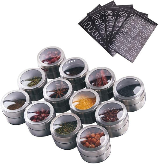12 Powerful Magnetic Spice Tins- Stainless Steel Spice Storage Containers, Kitchen Spice Jars with Clear Lid with Sift & Pour, Rack Magnetic on Fridge, 120 Spice Labels