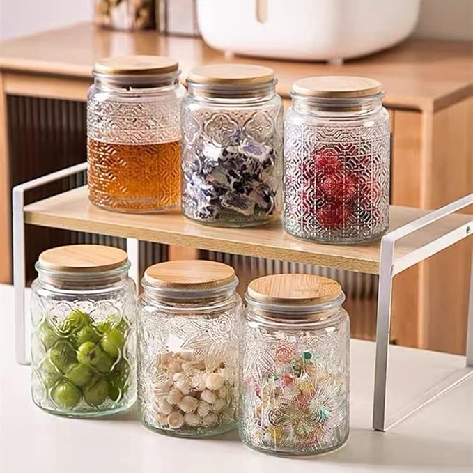 ANSQU 2 Pack Vintage Glass Storage Jar, 23.7 FL OZ Glass Food Storage Containers with Bamboo Lid, Candy Jars with Lids for Kitchen Counter, Pantry, Coffee, Tea, Sugar