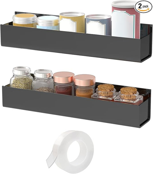VAEHOLD Adhesive Acrylic Spice Rack with Nano Double Sided Tape Wall Mount Organizer, Black Wall Spice Rack With Shelf Ends for Kitchen Cabinet Door - 2 Pack 12‘’ Shelves