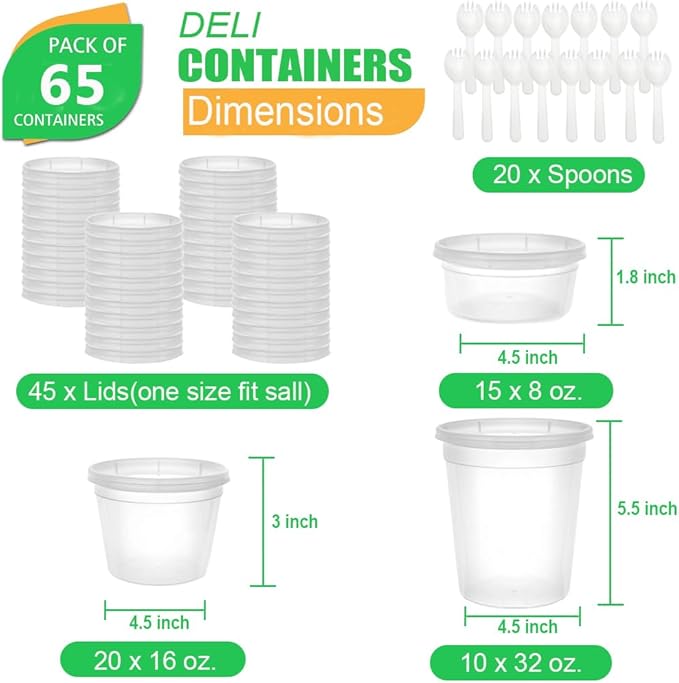 [65 Combo Sets] Food Storage Containers with Lids, 8oz, 16oz, 32oz Plastic Deli Containers with Lids Freezer Storage Containers, BPA Free Leakproof, Microwave | Dishwasher | Freezer Safe
