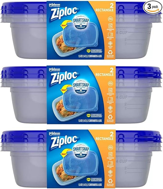 Ziploc Food Storage Meal Prep Containers with Smart Snap Technology, Rectangle, 1.5 QTS, 2 Count, Pack of 3, Clear