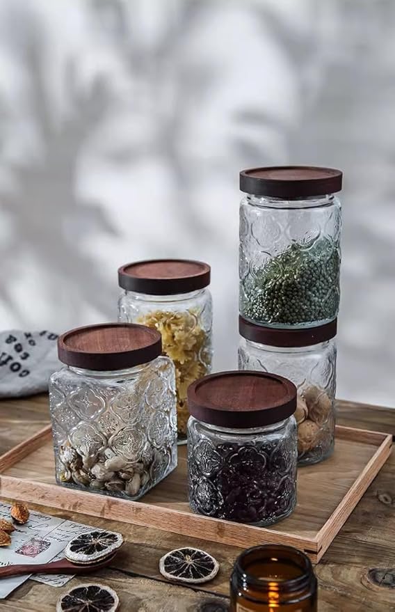 Glass Storage Jars With Airtight Lid, 35oz Container For Kitchen Counter with Wooden Lid, brown sugar, candy, coffee, cookie, salt, tea, cute Jar (35oz Large Sunflower)