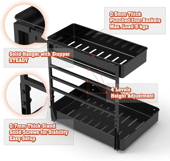 EVERIE Height Adjustable 2 Tier Metal Pull Out Slide Shelf Organizer for Under Sink Cabinets in Kitchen, Bathroom, with Snap-on Top Tray, 16" Deep (Black, 2 Sets)