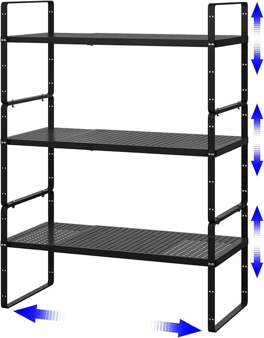 Expandable Kitchen Shelf Organizers, Kitchen Cabinet Organizer Stand Rack Organization for Countertop Cupborad Pantry, Black 3 Pack