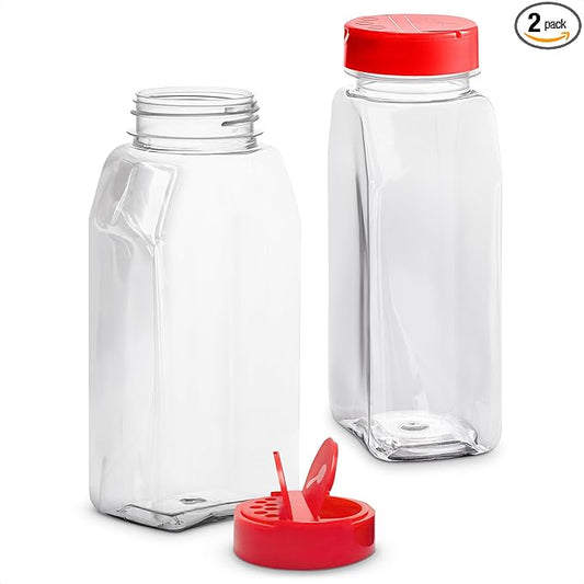 2Pcs Seasoning Containers with Dual Shake Lids – 32oz Kitchen Storage Jars for Herbs, Spices and Dry Goods, Transparent Design with Wide Mouth for Easy Filling, Durable Odor-Resistant Plastic Material