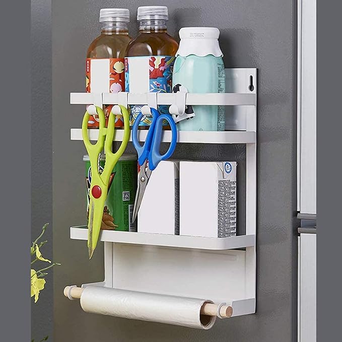 Magnetic Spice Rack for Refrigerator - Fridge Organizer with White Magnetic Shelf - Kitchen Storage