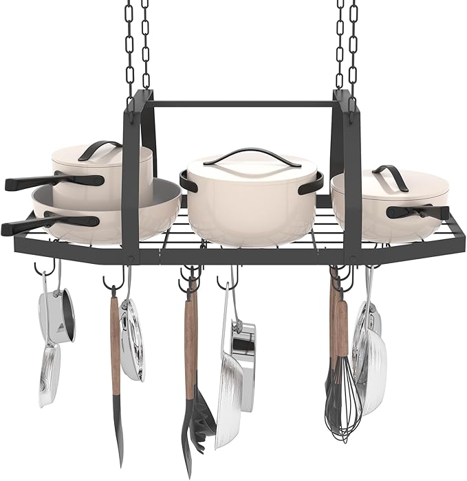 Hexagon Ceiling Pot Rack Hanging Pan Rack Hanging with 15 Hooks, 34" Metal Hanging Pots and Pans Ceiling Mount Organizer Rack, Pot and Pan Hangers for Kitchen Cookware Utensils