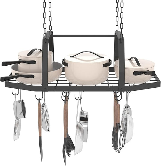 Hexagon Ceiling Pot Rack Hanging Pan Rack Hanging with 15 Hooks, 34" Metal Hanging Pots and Pans Ceiling Mount Organizer Rack, Pot and Pan Hangers for Kitchen Cookware Utensils