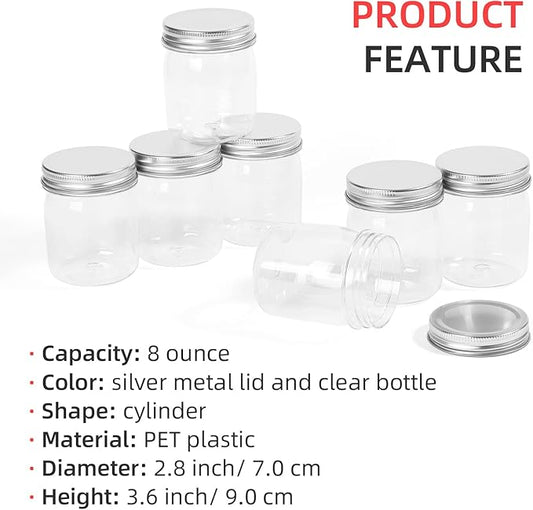 8 Ounce Clear Plastic Mason Jars With Screw On Lid, Reusable Empty Jars for Food Storage, Round BPA Free Containers for Sealing, Dry Food, Snacks, Candies, Breakage-proof, (Silver - 32 Pack)