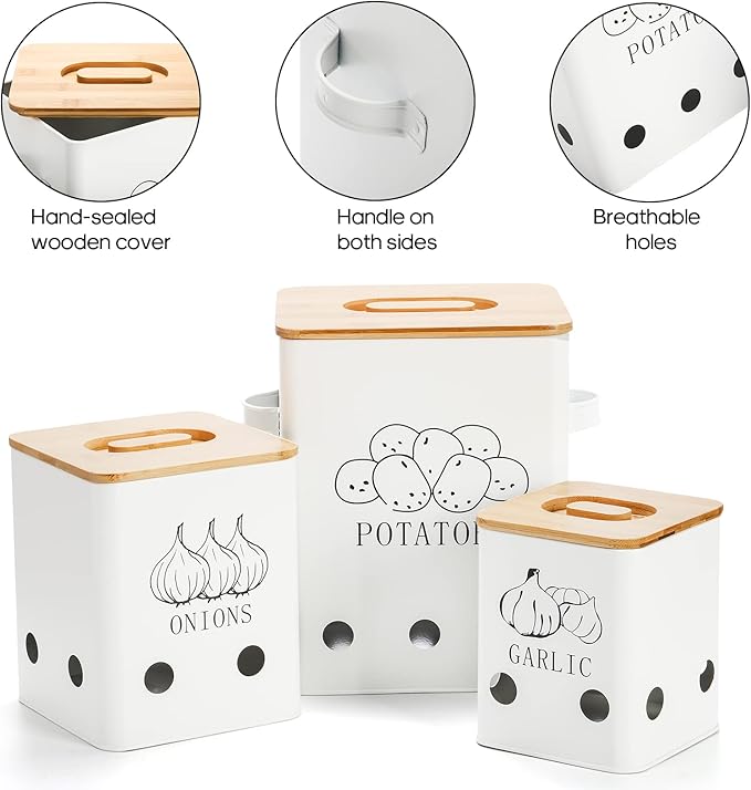 WUWEOT 3 Pack Vegetable Storage Tins, Metal Onion Garlic Potato Jars Set, Kitchen Canisters Vegetable Keeper Containers with Aerating Holes and Wooden Lid