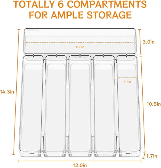 Clear Silverware Organizer for Kitchen Drawers,BPA Free Cutlery Drawer Organizer,6 Slots Plastic Utensils Organizer Suitable as In-Drawer Silverware Holder and Tray,Flatware,Knife,Fork,Spoon Organizer