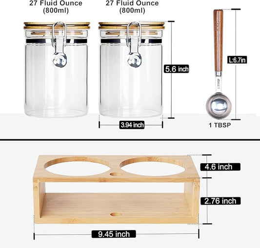 KKC HOME ACCENTS Airtight Borosilicate Glass Loose Leaf Tea & Coffee Beans Storage Jars with Bamboo Clamp Lid & Scoop - Glass Storage Canisters for Brown Sugar, Matcha, Pantry Organization - 27 Fl.Oz