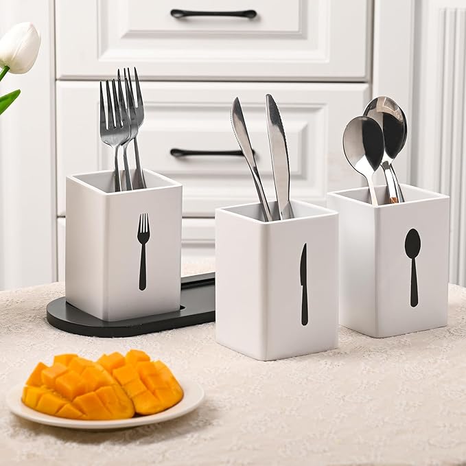 GEHE 3Pcs Silverware Caddy Utensil Holder for Countertop, Utensil Caddy for Parties, Flatware Organizers with Tray, Silverware Caddy Organizer Holder for Forks, Spoons, Knives, White