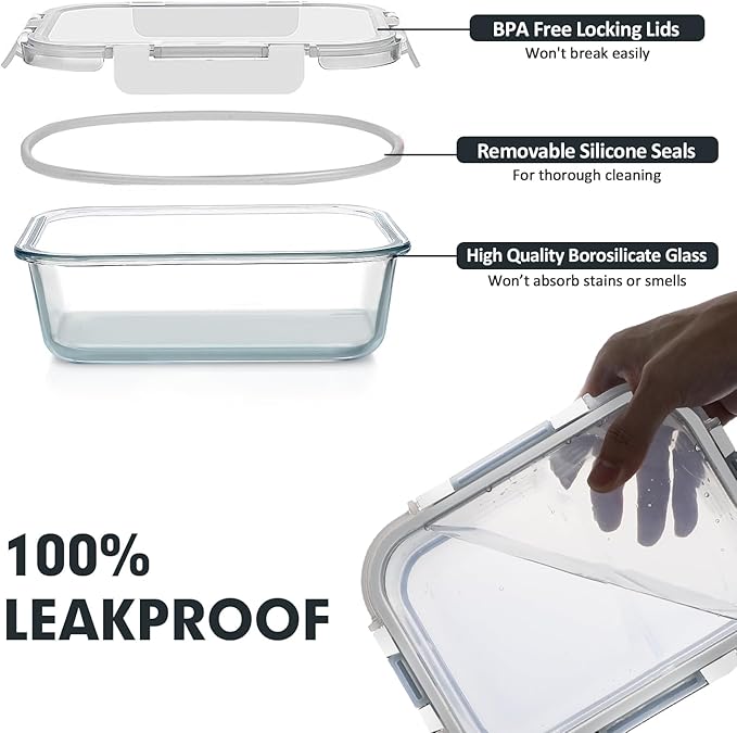 VERONES 30 Pieces Glass Meal Prep Containers Set, Stackable Glass Food Storage Containers with Lids-Airtight Glass Lunch Containers，for Microwave, Oven, Freezer & Dishwasher,White