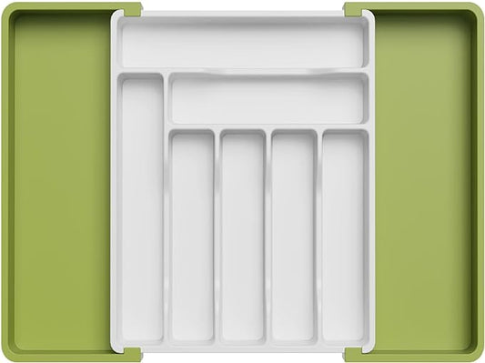 Lifewit Silverware Drawer Organizer, Expandable Utensil Organizer for Kitchen Drawers, Adjustable Cutlery and Flatware Tray, Plastic Spoons Forks Knives Holder Storage Dividers, Large, Green&White