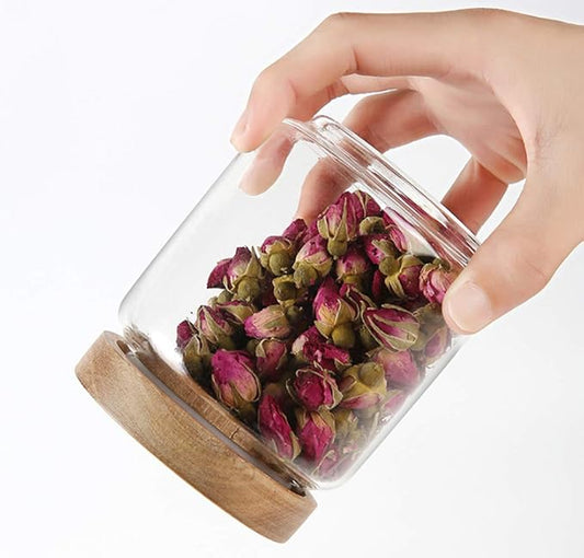 1PCS 450G/15oz Empty Clear Glass Canister Home Kitchen Food Storage Container Jars Pots With Airtight Wood Lids Food Organizer Vial Dispenser for Coffee Bean Tea Sugar Dry Fruit Nuts Candy