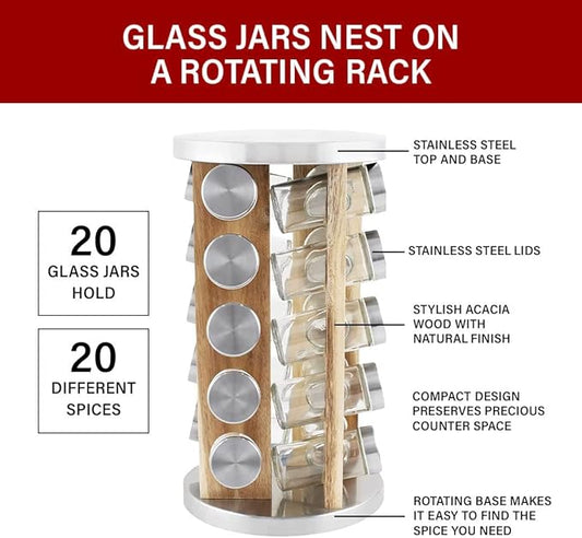 Orii Natural Acacia Wood Spice Rack with 20 EMPTY jars with Stainless Steel Lids and FREE Stainless Steel Funnel and Labels