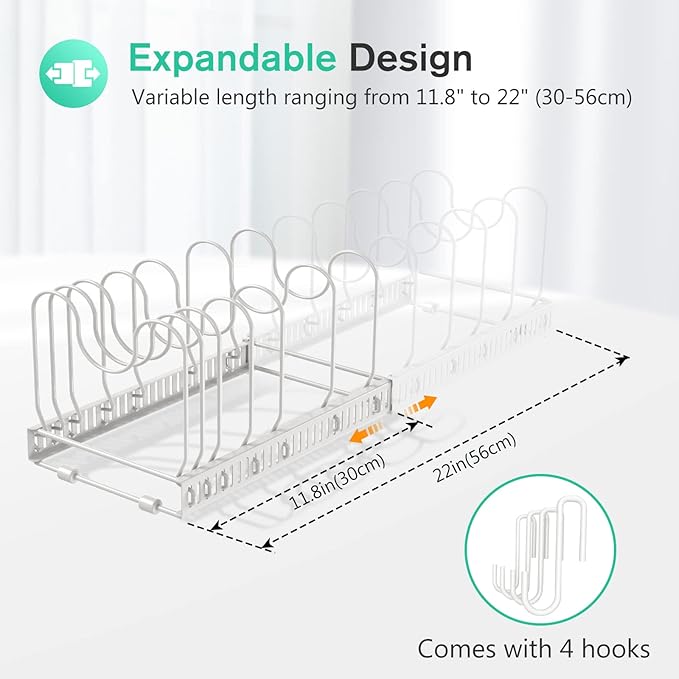 Puricon Expandable Pot and Pan Organizer for Cabinet with 10 Dividers, Adjustable Pots and Pans Organizer Rack Pan Lid Cookware Bakeware Baking Storage Holder for Kitchen Countertop Pantry -White