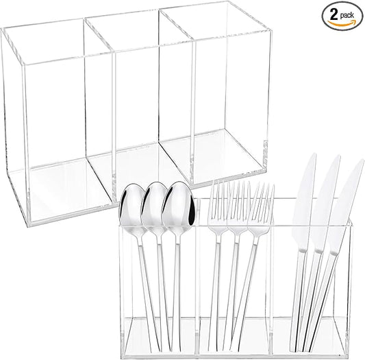 Rainmae 2Pack Acrylic Cutlery Storage Organizer, Plastic Cutlery Utensil Holder Storage Organizer Caddy for Kitchen Countertop Organization, Holds Fork, Knife, Spoon, Silverware Tableware Storage Box