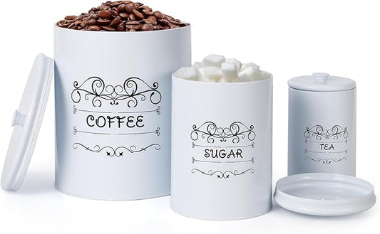 Country White Canisters Set of 3, Rustic Farmhouse Metal Containers with Airtight Lids, Kitchen Storage Canisters for Coffee, Sugar, Tea for Kitchen, Pantry Countertop