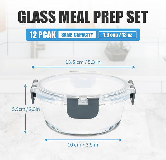 12 Pack Small Glass Food Storage Containers with Lids Airtight, 13oz Leak-Proof Meal Prep Containers Set, Freezer to Microwave Safe, Dishwasher Safe