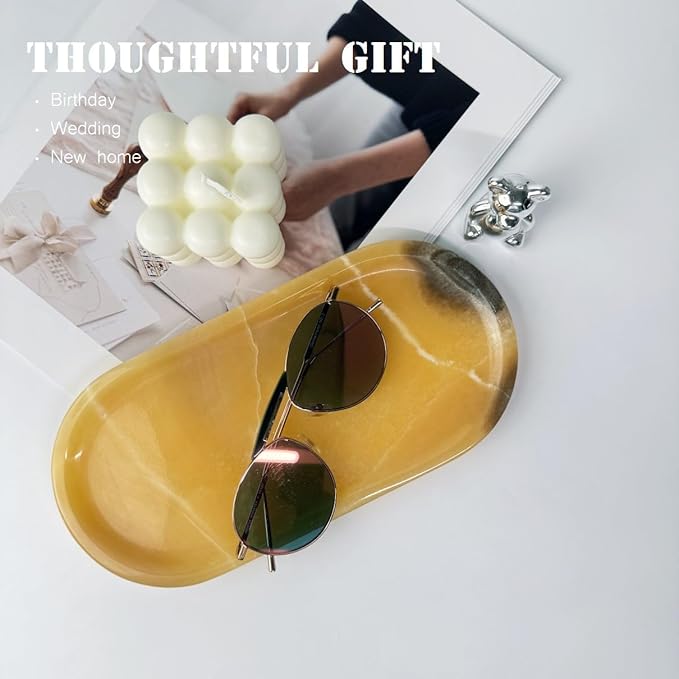 JINGJU Orange Marble Oval Tray 10"x5", Natural Stone Decorative Tray for Jewelry, Candle, Bathroom Counter, Coffee Table, Perfume Display