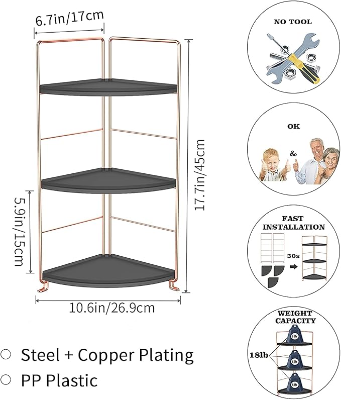3-Tier Bathroom Countertop Organizer, Vanity Tray Cosmetic & Makeup Storage, Kitchen Spice Rack Standing Shelf, Corner Storage Shelf, Black & Rose Gold