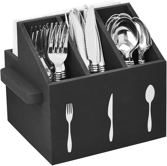 Ikee Design Wooden Utensil Caddy with Handles, Silverware Caddy, Silverware Holder for Countertop,Party,Camping and Kitchen, Organizer, Picnic Cutlery Holders, Black Color