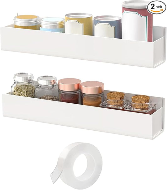VAEHOLD Adhesive Acrylic Spice Rack with Nano Double Sided Tape Wall Mount Organizer Wall Spice Rack With Shelf Ends for Kitchen Cabinet Door - 2 Pack 12'' Shelves (White)