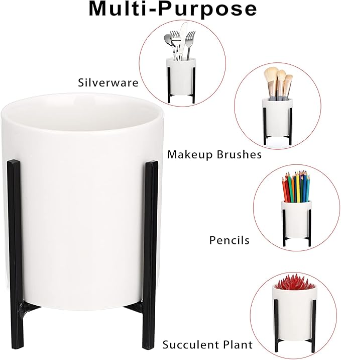 JUXYES Pack of 3 Ceramic Silverware Holder For Party Table, White Cutlery Holder Holder With Black Metal Bracket, Small Flatware Caddy Organizer Utensil Holder Organizer for Kitchen Dining Tables