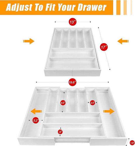 Bellsal Large Premium Bamboo Silverware Organizer - Expandable Utensil Drawer Organizer - 17"x19.6" Utensil Holder and Cutlery Tray with Grooved for Kitchen Flatware and Utensils(7-9 Slot, White)