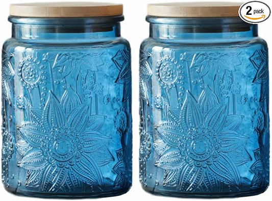 ANSQU 23.7 FL OZ Blue Glass Jars, 2 Pack Vintage Glass Kitchen Storage Counter Jar, Candy Jars with Lids, Mason Jar Hold Coffee Beans, Tea, Cookie, Sugar, Bath Salts & More (Blue, 2 Pack)
