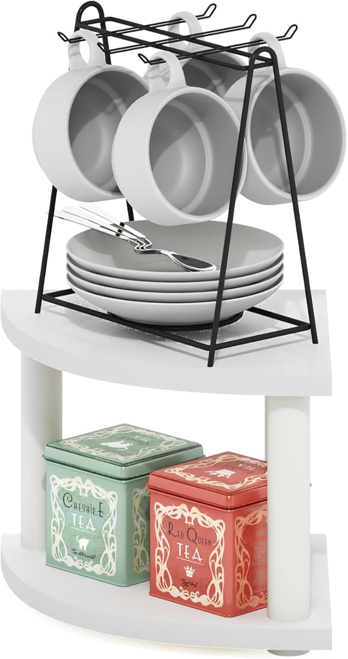 Furinno Turn-N-Tube 2-Tier Corner Countertop Organizer Shelf, White/White